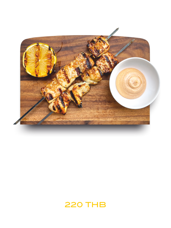 Chicken skewers with kimchi-aioli sauce