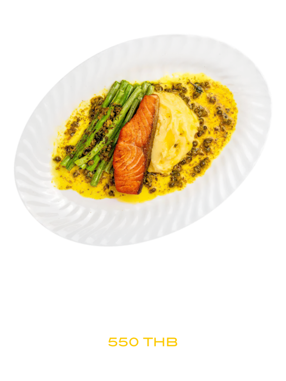 Salmon with mashed potatoes, green beans and caper sauce
