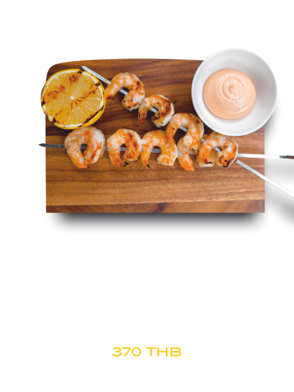 Shrimp skewers with kimchi-aioli sauce
